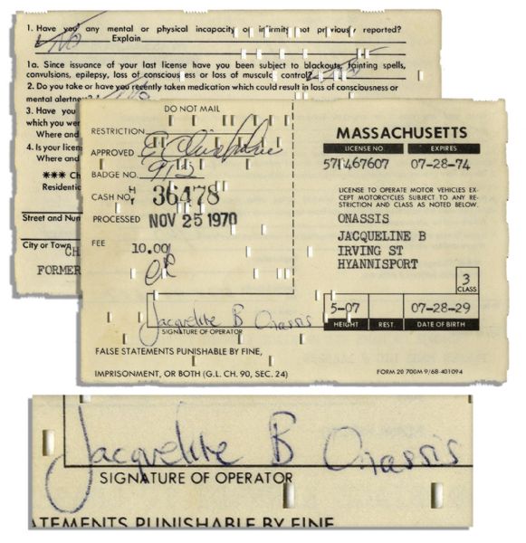 Driver License Application Signed & Filled Out by Jackie Kennedy Onassis When She Remarried & Took Onassis Name in 1970