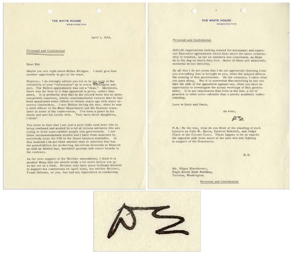 Dwight Eisenhower Typed Letter Signed as President on His USSR Appointment That Joseph McCarthy Complained Had Advanced Soviet Power -- ...The Bohlen appointment was not a deal....