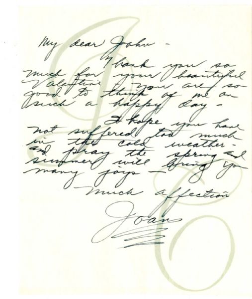 Joan Crawford Autograph Letter Signed -- ...Thank you so much for your beautiful Valentine...