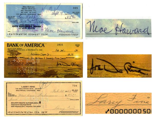 Three Stooges Signed Checks -- Three Checks, One Each Signed by Moe Howard, Larry Fine and Curly Joe DeRita, the So-Called Sixth Stooge