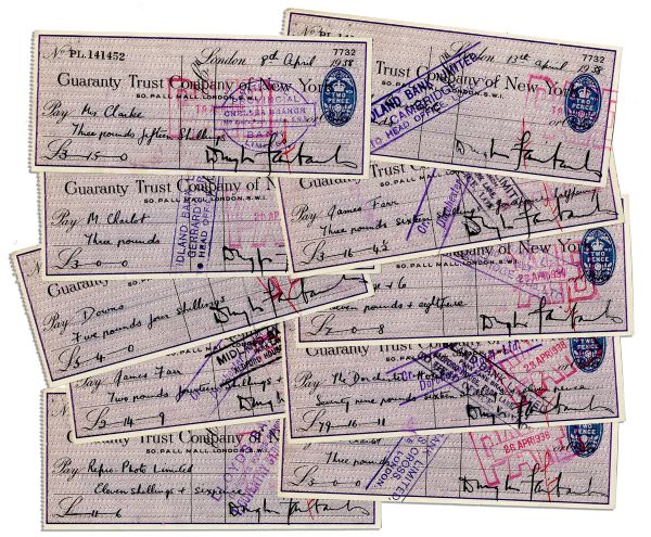 Douglas Fairbanks, Sr. April 1938 Single Signed Checks -- Lot of 10