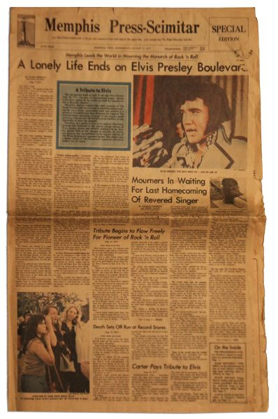 Elvis Presley Newspaper From His Hometown of Memphis -- Dated 17 August 1977 -- ...The King is Dead...