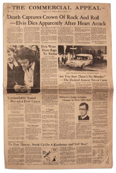Elvis Death Reported in Memphis Newspaper -- Death Captures Crown of Rock And Roll -- Elvis Dies...