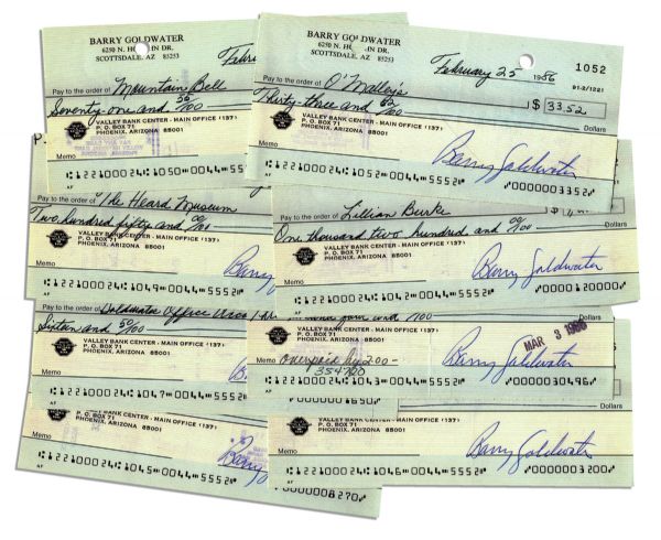 Lot of 10 Checks Signed by Conservative Icon Barry Goldwater -- While Senator of Arizona