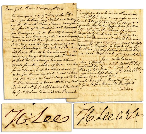 Henry Lees Urgent Revolutionary War Dated Autograph Letter Twice-Signed -- ...but sir what are we to do for arms?...The arms we had were sent down with our last detachmt. to Wmsbg...
