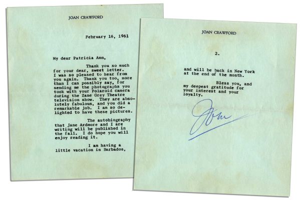 Joan Crawford Typed Letter Signed -- ...Thank you...for sending me the photographs you took with your Polaroid camera during the Zane Grey Theatre television show... -- 1961