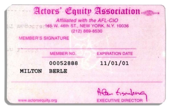 Milton Berle, aka Mr. Television Actors Equity Association Membership Card