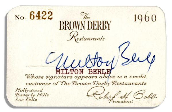 20th Century Television Superstar Milton Berle Signed Brown Derby Restaurants Club Card