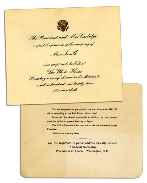 President Calvin Coolidge 1923 Invitation to the White House -- His First Year as President After Hardings Assassination