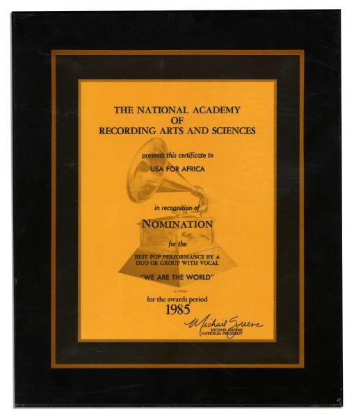 Michael Jacksons 1985 Grammy Award Nomination Certificate for His Performance in USA For Africas Hit Charity Single We Are The World
