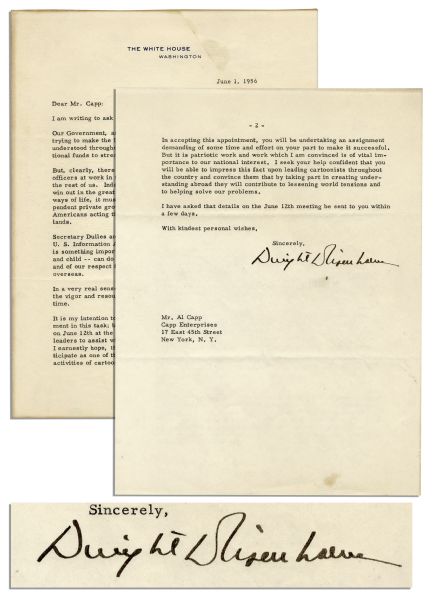 Dwight Eisenhower Letter Signed as President to Al Capp -- ...we must wage peace with all the vigor...of wartime...cartoonists...contribute to lessening [Cold War] world tensions...