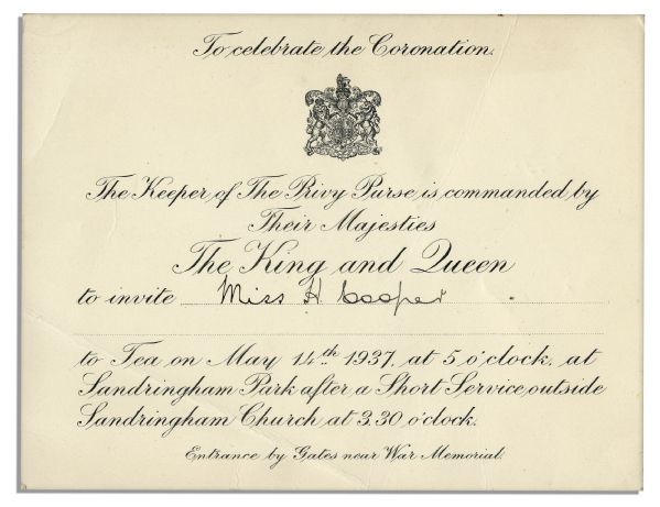 King George VI & Queen Elizabeth Invitation To Celebrate The Coronation at Sandringham Park Two Days After They Ascended The Throne