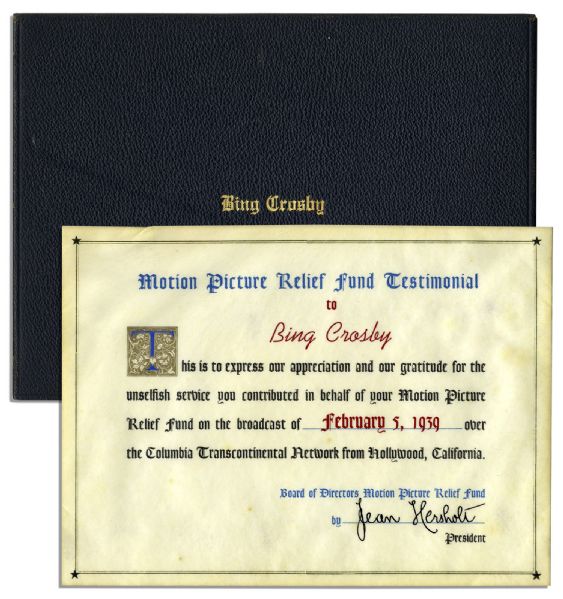 Bing Crosbys Appreciation Certificate from the Motion Picture Relief Fund in 1939