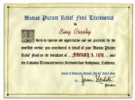 Bing Crosby's Appreciation Certificate from the Motion Picture Relief Fund in 1939