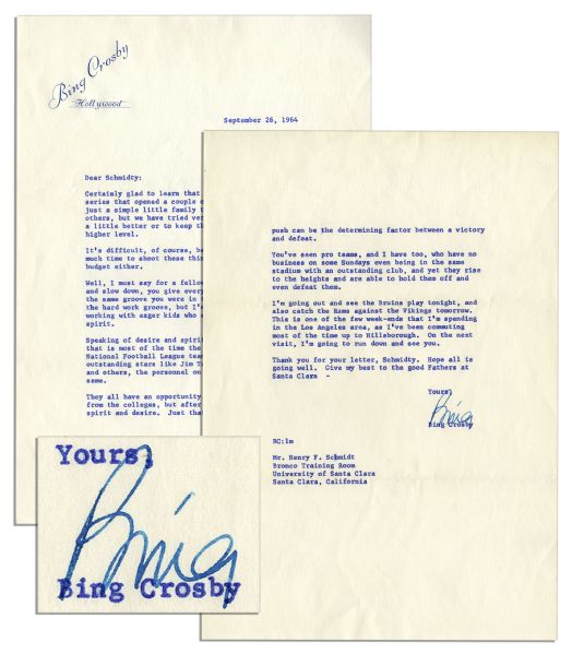 Bing Crosby Letter Signed From 1964 About His Sitcom -- ... the television series...a simple little family thing...Its difficult...you dont have much time to shoot these things...