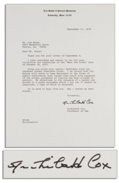 Lot of 2 Watergate TLS by Archibald Cox & Elliot L. Richardson -- ...Nixons resignation was in his own, as well as the countrys best interest...