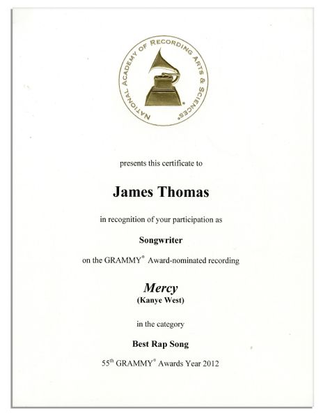 Grammy Award Nomination Certificate for Kanye Wests Song Mercy -- Fine