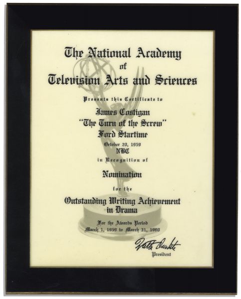 Emmy Nomination Certificate From 1959 -- James Costigans Nomination for Writing The Turn of the Screw