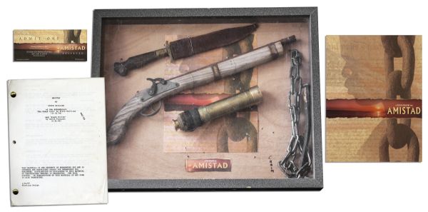 Lot of Items From The Release of Amistad -- The Shooting Script, A Ticket to The Screening at The Academy of Motion Picture Arts & Sciences, A Promo Sheet & Shadowbox Full of Prop Weapons