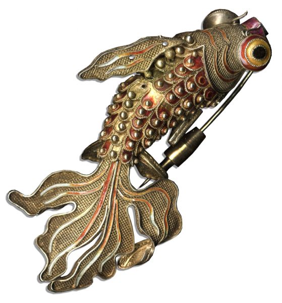 Wallis Simpsons Personally Owned Qing Dynasty Goldfish Jewelry -- Ornate Articulated Brooch Made of Filigree & Enamel 