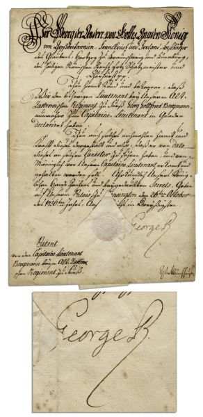 King George II Military Appointment Signed From The Seven Years War -- ...to lead his regiment in such a manner that he will be respected in turn for his valor and manliness...