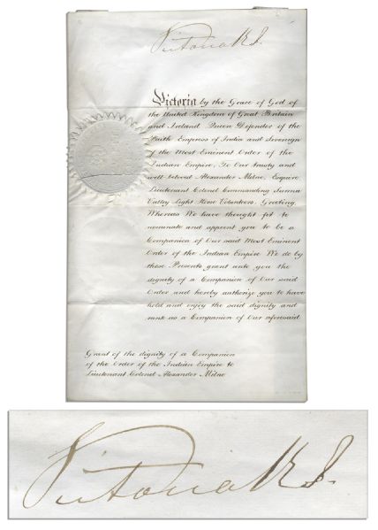 Queen Victoria Document Signed Appointing Sir Alexander Milne to The Most Eminent Order of the Indian Empire