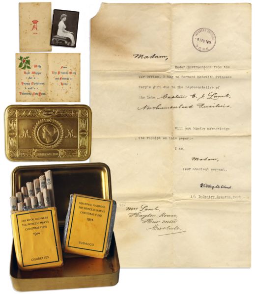 Princess Marys Christmas Gift To Servicemen During WWI -- Cigarette Tin From 1914 Filled With Its Original Gift Contents