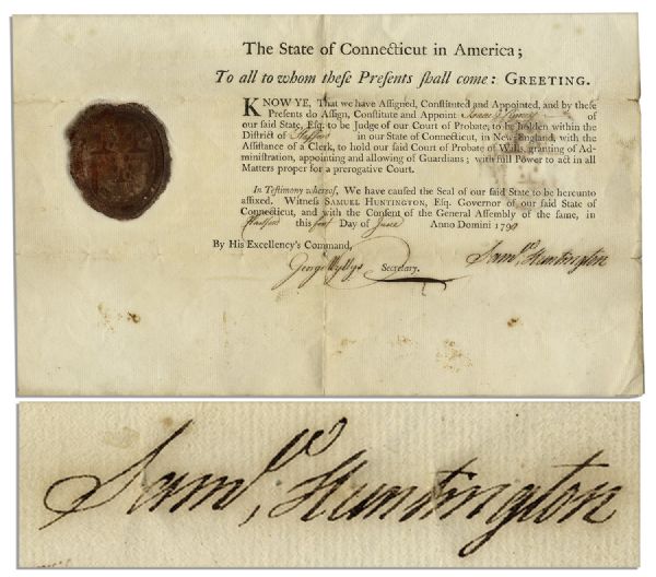DOI Signer Samuel Huntington 1790 Document Signed as Governor of Connecticut