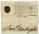 DOI Signer Samuel Huntington 1790 Document Signed as Governor of Connecticut