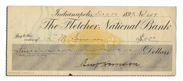 Benjamin Harrison Signed Holograph Check -- $5.00 Drawn From Fletchers Bank