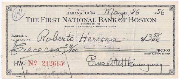 Ernest Hemingway Check Signed
