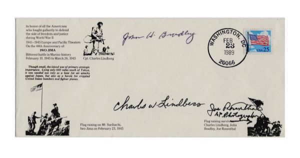 Iwo Jimas 44th Anniversary First Day Cover -- Signed by Joe Rosenthal, John Bradley & Charles Lindberg
