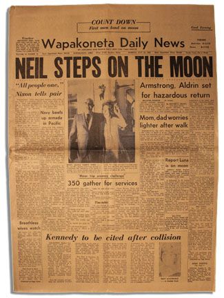 Neil Armstrongs Hometown Newspaper Announcing the Apollo 11 Moonwalk -- Includes Numerous Articles on Apollo 11 Mission & a Photograph of Armstrongs Parents
