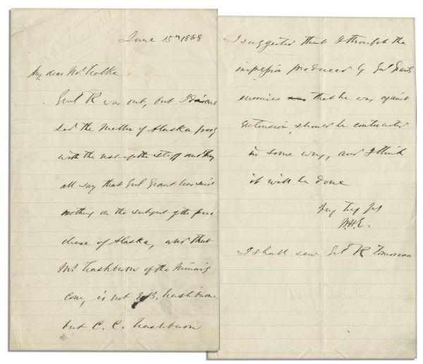 1868 Letter on Alaska Purchase & Ulysses S. Grant -- ...Grant has said nothing on the...purchase of Alaska...impression produced by Genl Grants enemies...should be counteracted...