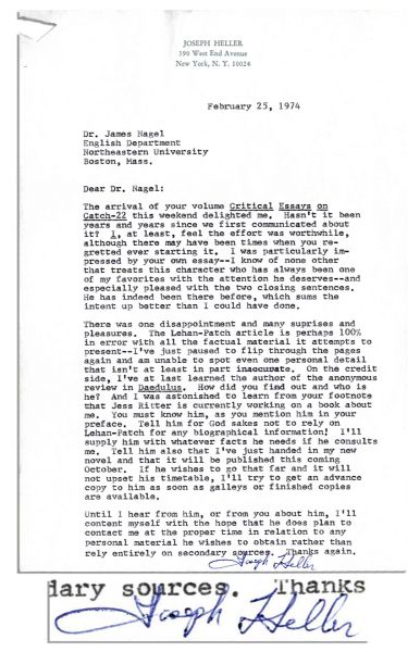 Joseph Heller Typed Letter Signed -- ...The arrival of your volume Critical Essays on Catch-22 this weekend delighted me...On Critical Essays on Catch-22