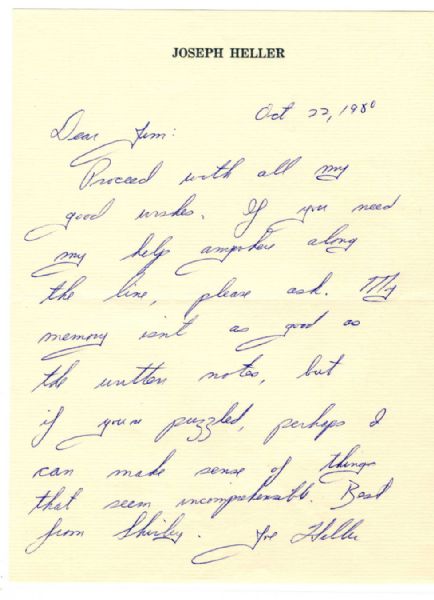Acclaimed Catch-22 Author Joseph Heller Autograph Letter Signed -- ...My memory isnt as good as the written notes, but if youre puzzled, perhaps I can make sense of things...