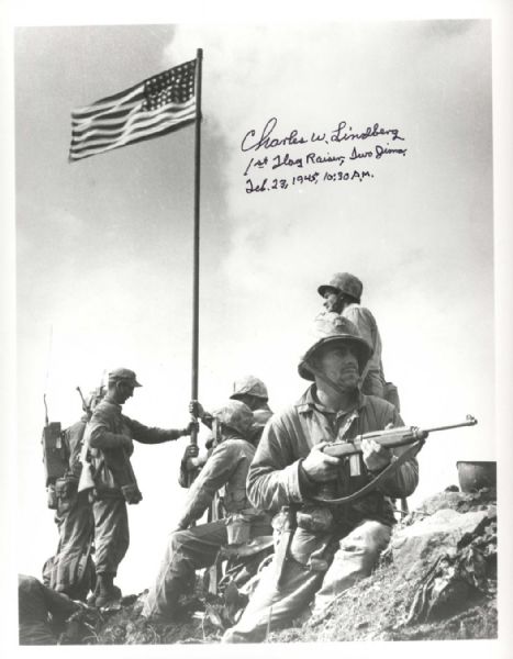 Iwo Jima Photo Signed by Lindberg, the Oldest Surviving Member of the Iconic Flag Raising Party -- 8 x 10