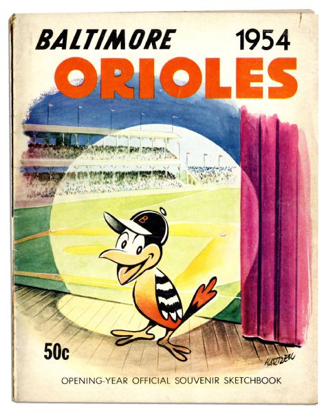 1954 Baltimore Orioles Official 48pp. Softcover Yearbook From the Teams Inaugural Season -- Pages Separated From Staples, Toning & Abrasion to Back Cover -- Good Condition