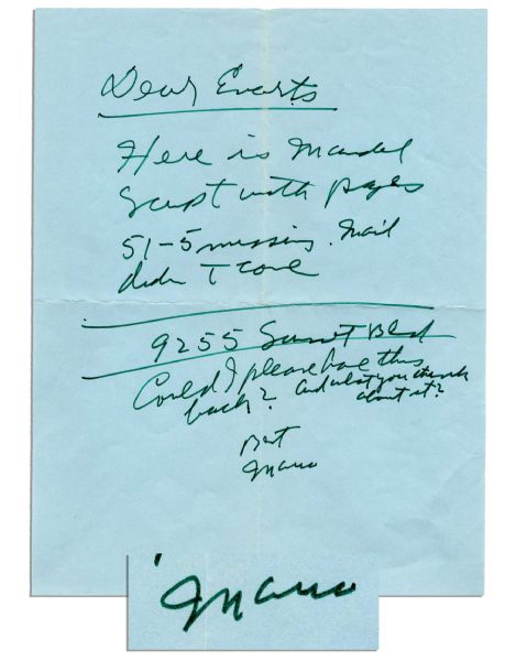 Mario Puzo Autograph Letter Signed -- Godfather Author Asks His Literary Agent for Comments on a Script