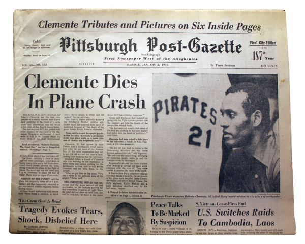 Roberto Clementes 1973 Death Reported in the Pittsburgh Post-Gazette
