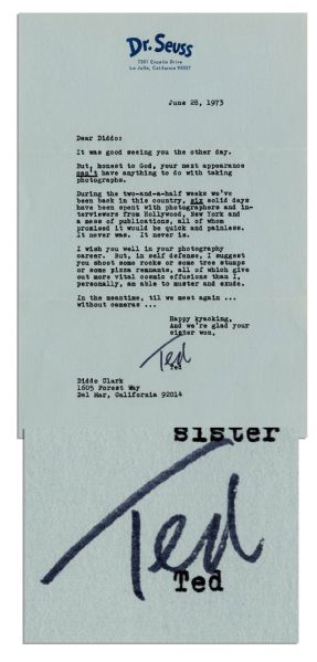 Dr. Seuss Letter Signed -- ...six solid days have been spent with photographers and interviewers...all of whom promised it would be quick and painless. It never was. It never is...