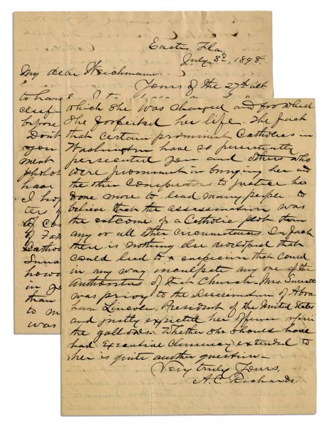 Eyewitness Letter to President Abraham Lincolns Assassination -- ...lead many people to believe than the assassination was the outcome of a Catholic plot...