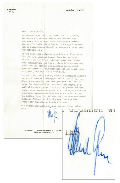 Albert Speer Letter Signed -- ...I [dont] personally condone Nixons actions...Lets hope that the next election will produce a capable and intelligent leader for the United States...