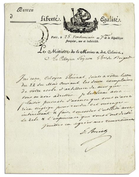 French Revolutionary General Etienne Eustache Bruix Autograph Letter Signed -- Signed in 1798, the Year Before His Infamous Cruise of Bruix