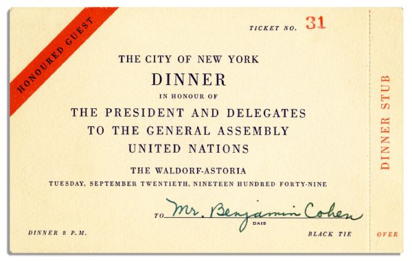 United Nations 1949 Dinner Invitation -- in New York City for the Start of the General Assemblys Fourth Session -- 20 September 1949
