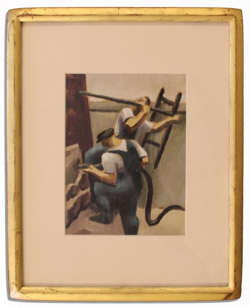 Thomas Hart Benton Oil Painting on Paper -- Construction Workers -- Circa 1923
