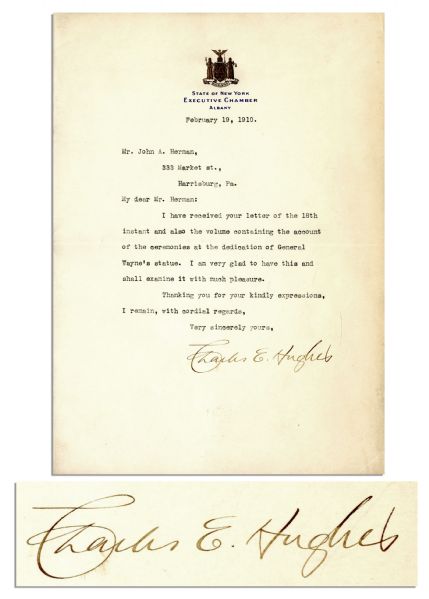 Charles Evan Hughes Signed 1910 Letter