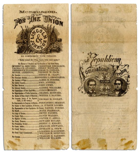Michigan Ballot From the Lincoln-Johnson 1864 Presidential Election