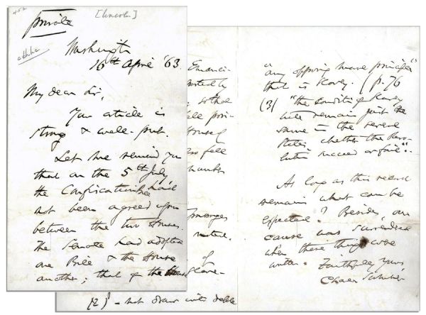 Charles Sumner 1863 Autograph Letter Signed as Senator -- Regarding Slavery & a Detailed Critique of the Confiscation Act -- ...No expression of harshness to the slavemongers...