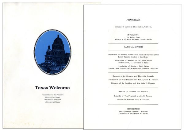 JFK Texas Welcome Dinner Program From 22 November 1963